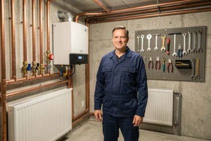 Technicien chauffagiste professionnel dans une chaufferie moderne en Auvergne-Rhône-Alpes