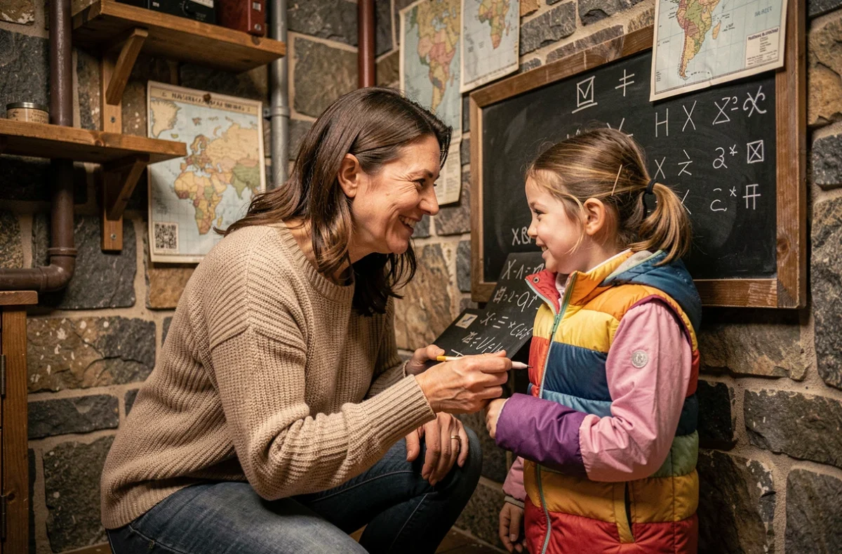 Mère et fille décodant des symboles sur un tableau noir dans un escape game familial à Lyon