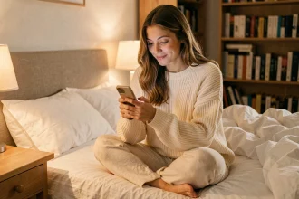 Jeune femme en pyjama sur son lit envoyant un message de bonne nuit à son partenaire absent