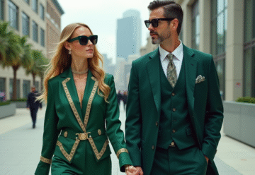 Femme et homme élégants en ville en vêtements luxueux