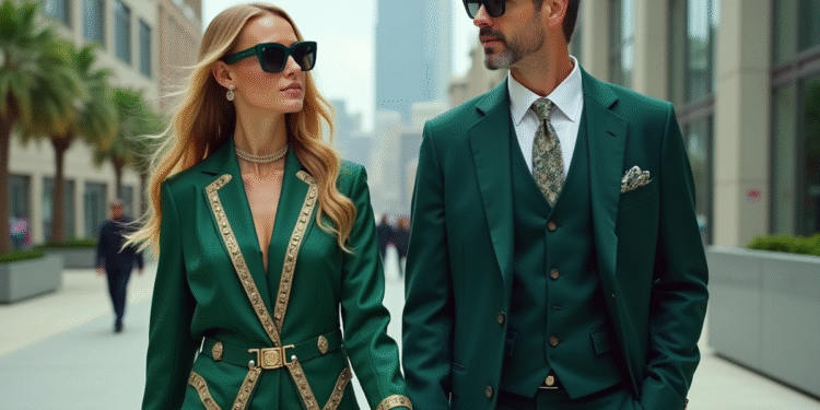 Femme et homme élégants en ville en vêtements luxueux