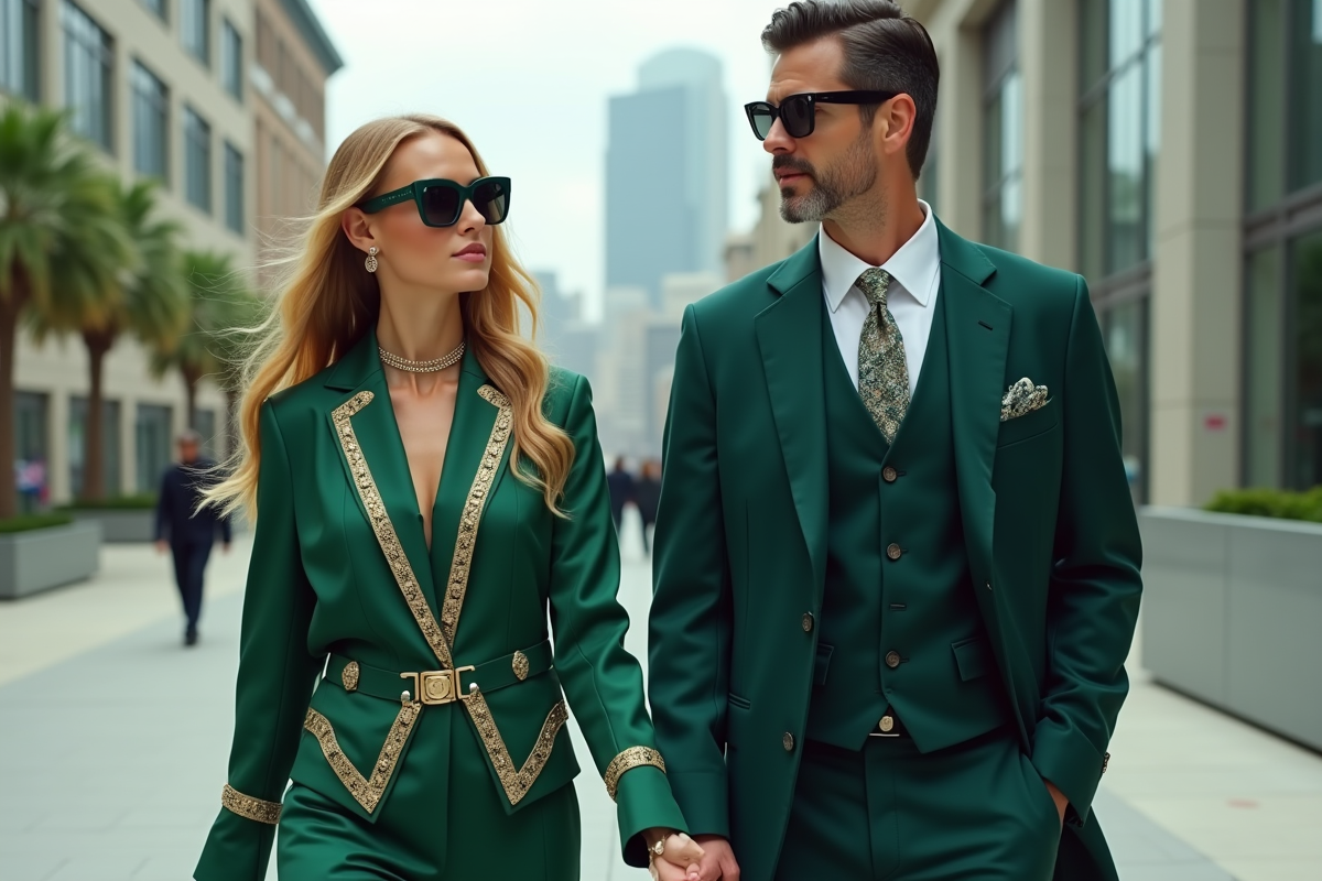 Femme et homme élégants en ville en vêtements luxueux