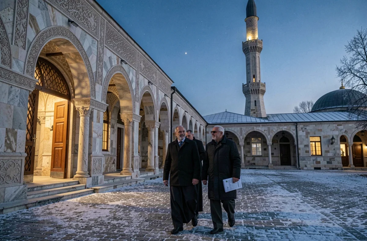 Hommes se rendant à la mosquée pour la prière de Fajr pendant le ramadan, tenant un horaire de prière