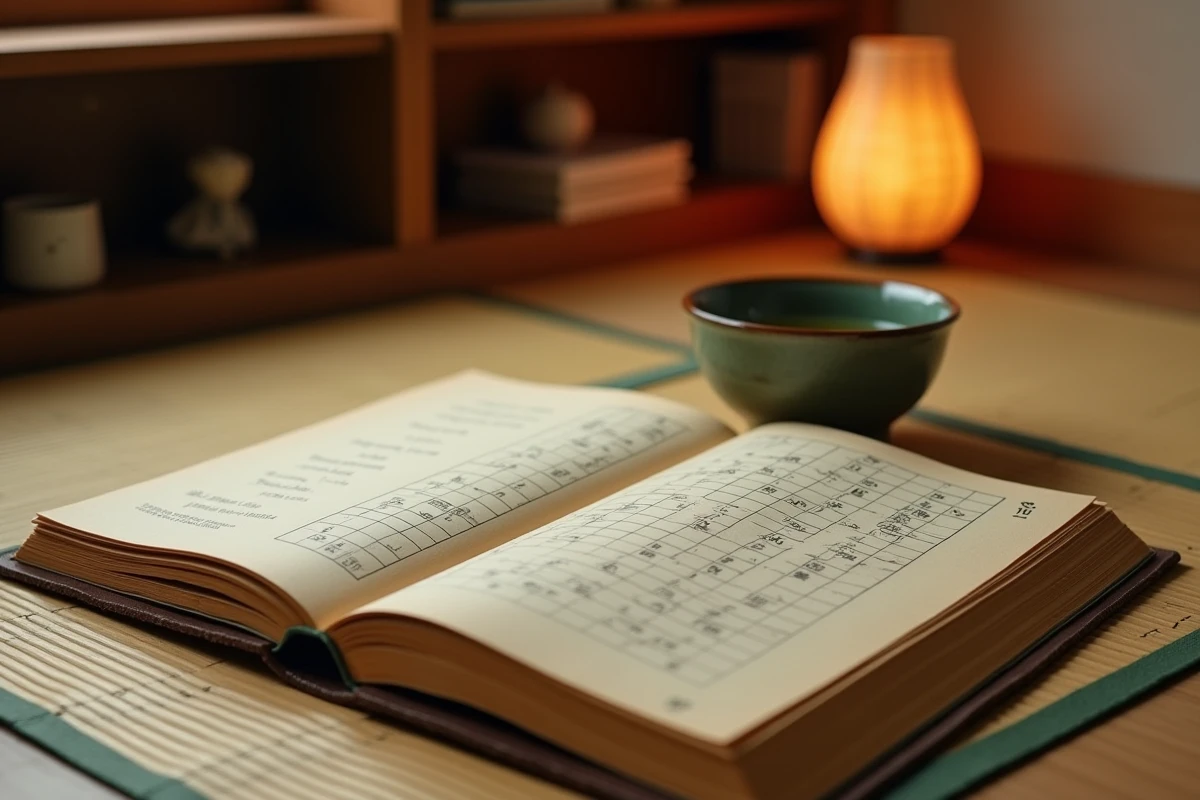 Livre de mots croisés ouvert sur un tatami avec thé vert et solutions de géographie japonaise côtière