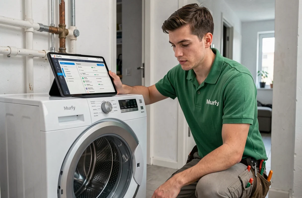 Technicien Murfy en polo vert réparant un lave-linge dans un appartement toulousain