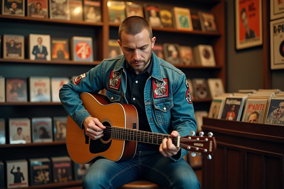 Musicien avec veste en jean ornée de patchs antifascistes assis dans un magasin de disques vintage