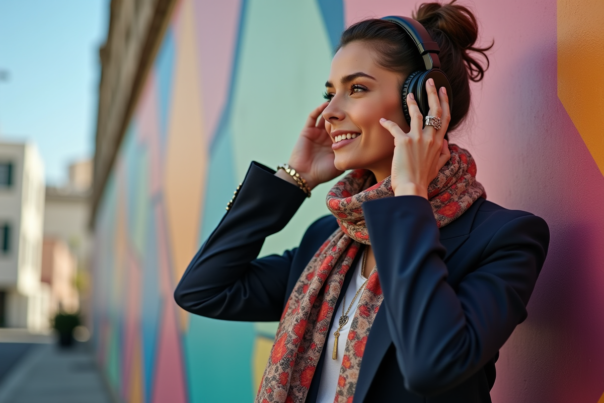 Femme musicienne ajustant ses écouteurs devant un mur urbain