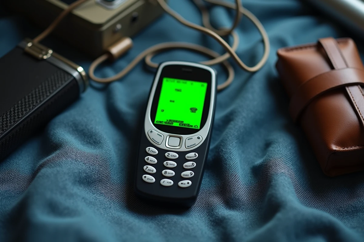 Nokia 3210 affichant le jeu Snake sur fond denim, accessoires vintage autour