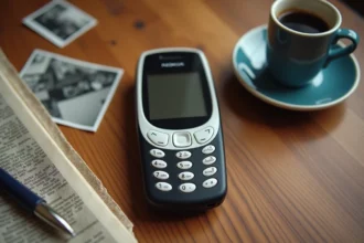 Nokia 3310 posé sur un bureau en bois avec une tasse de café, ambiance nostalgique années 2000