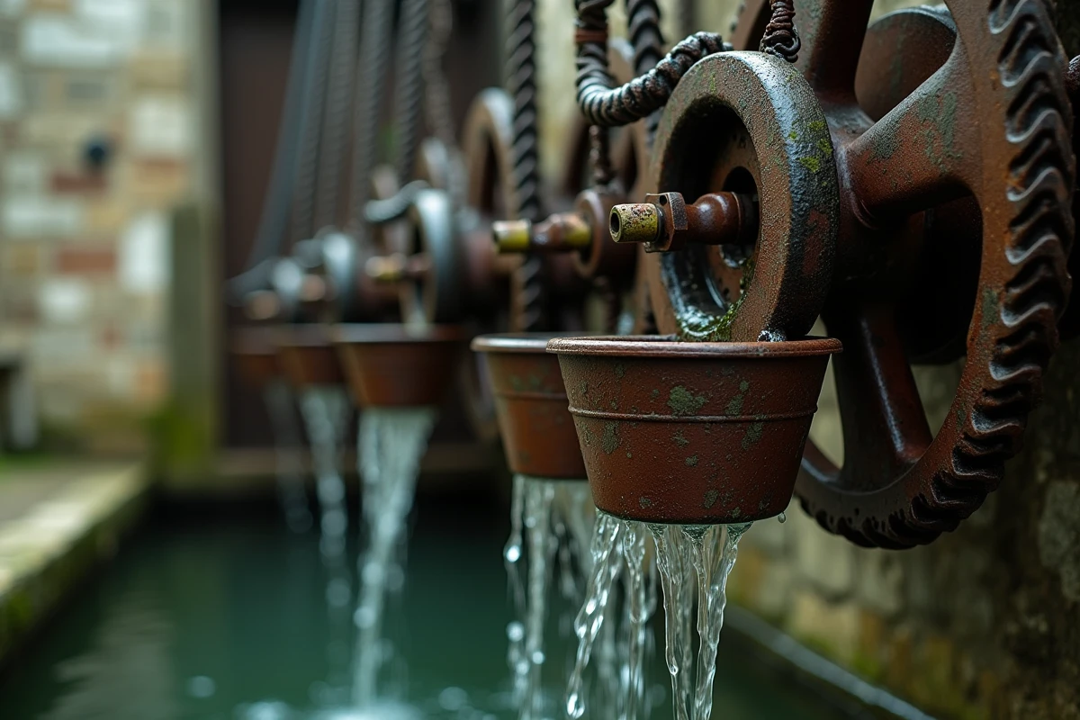 Gros plan sur les godets métalliques rouillés d'une noria en fonctionnement, détail du mécanisme d'élévation d'eau traditionnel avec eau ruisselante