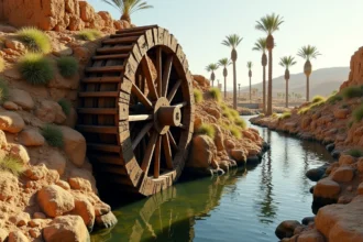 Ancienne noria à roue en bois avec jarres en céramique au bord d'une rivière syrienne, mécanisme traditionnel d'élévation d'eau en plein air