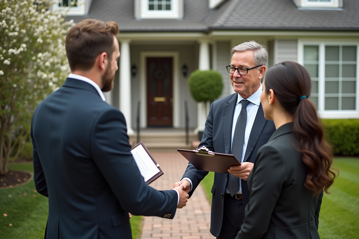 Notaire professionnel remettant un dossier à un couple devant une maison