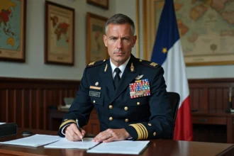 Officier de l'armée de terre en uniforme consultant des documents administratifs dans un bureau militaire