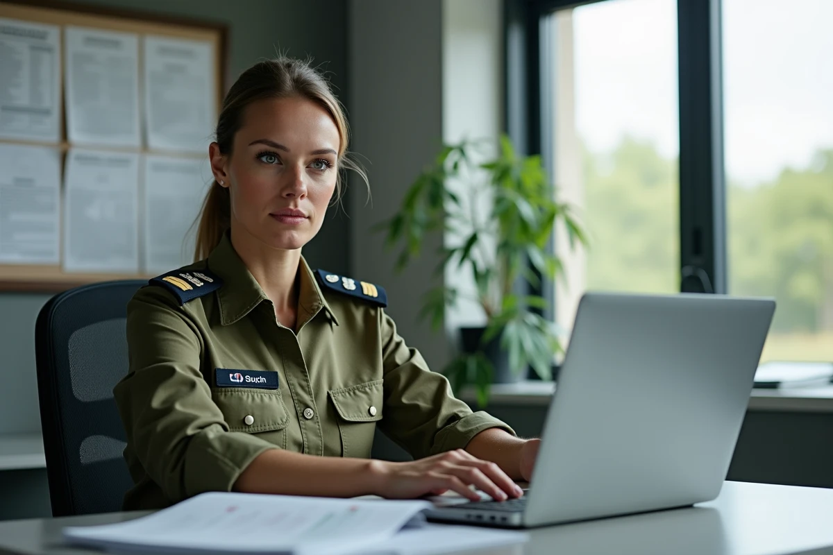 Officière de l'armée de terre en tenue de travail consultant une grille de progression de carrière sur ordinateur
