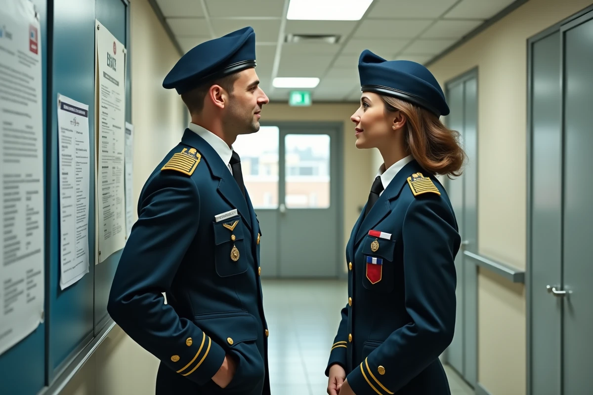 Deux officiers de l'armée de terre discutant d'une grille indiciaire de salaire affichée dans un couloir administratif militaire