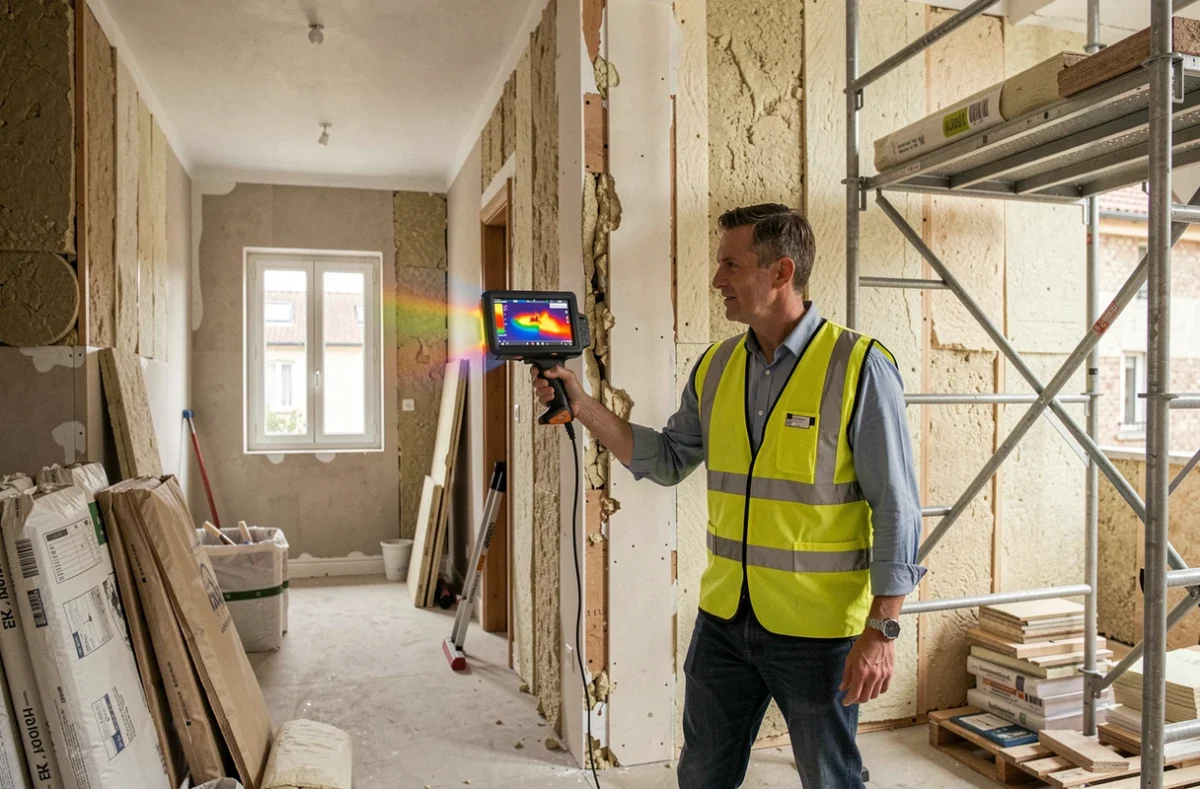 Consultant en rénovation énergétique globale inspectant une maison en rénovation avec une caméra thermique