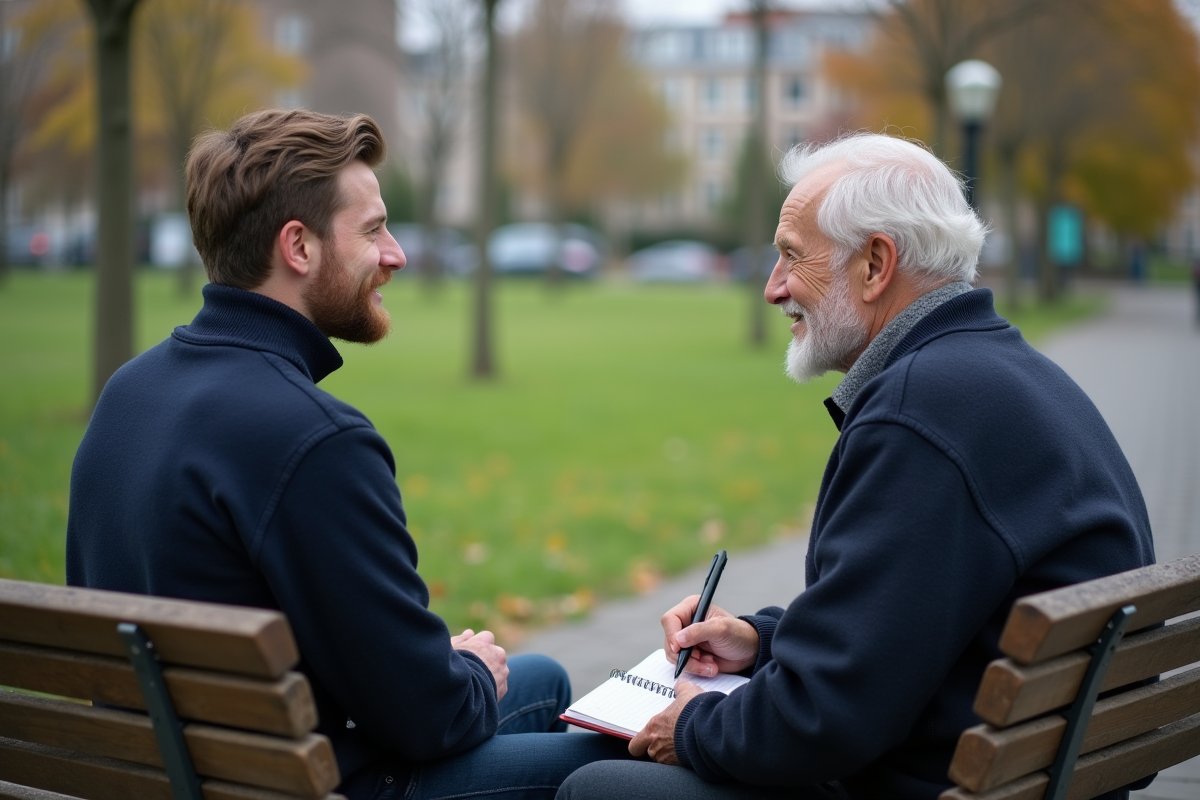 Fils et père discutent dans un parc urbain en été