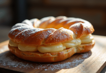 ParisBrest avec praliné généreux sur table en bois