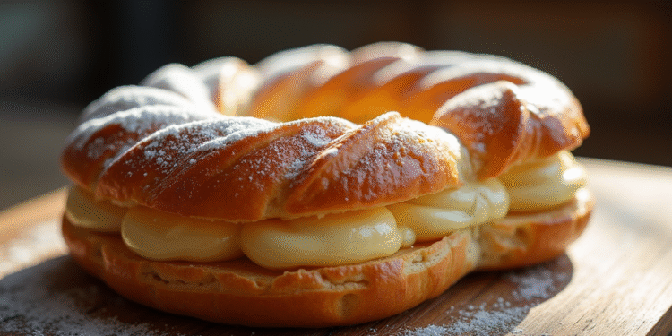 ParisBrest avec praliné généreux sur table en bois