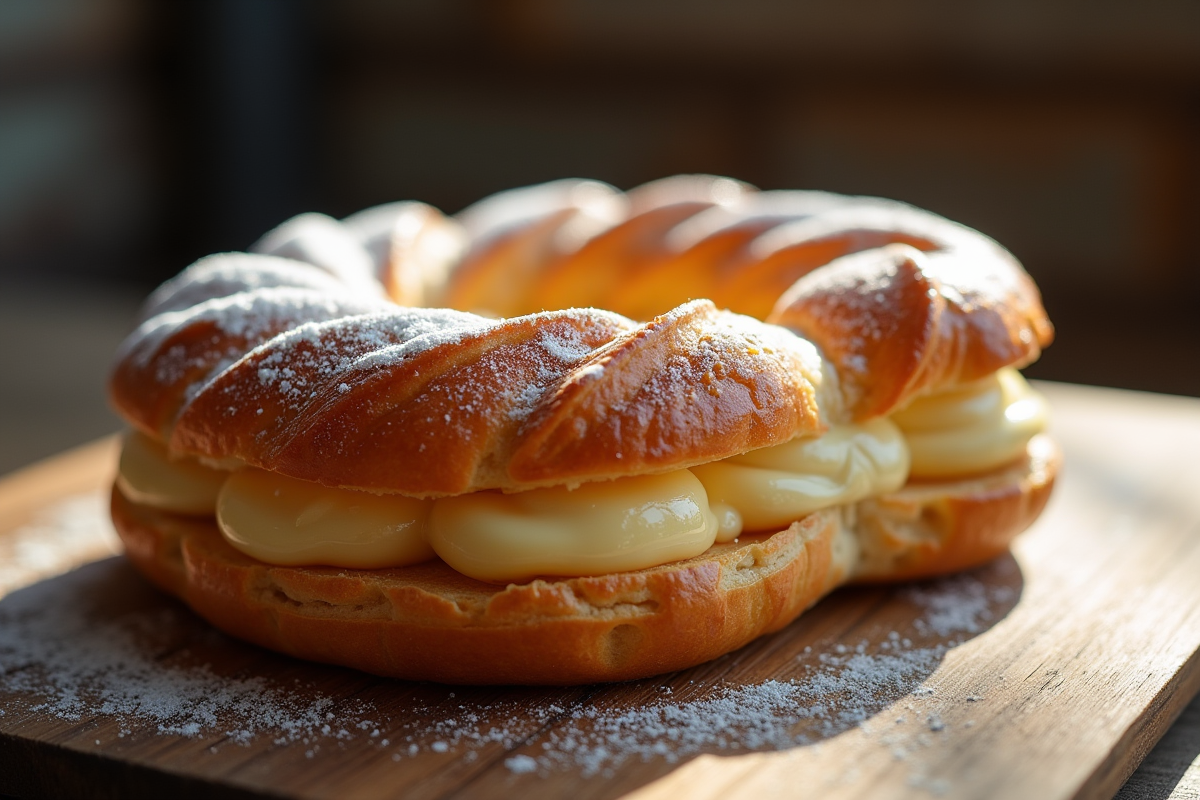 ParisBrest avec praliné généreux sur table en bois