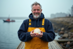 Pêcheur avec coquillage frais sur le quai
