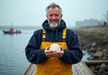 Pêcheur avec coquillage frais sur le quai