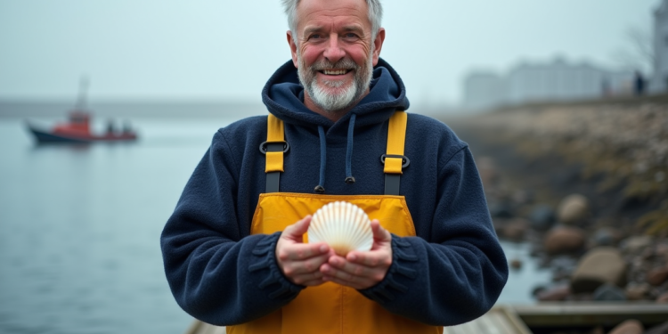 Pêcheur avec coquillage frais sur le quai
