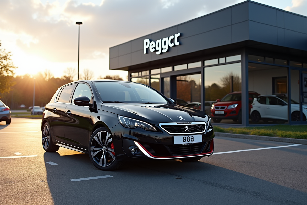 Peugeot 308 GTI garée devant un concessionnaire moderne
