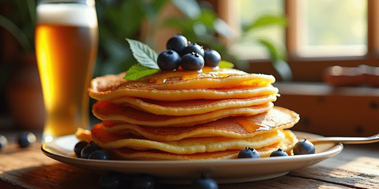 Pile de crêpes dorées avec bière artisanale et miel