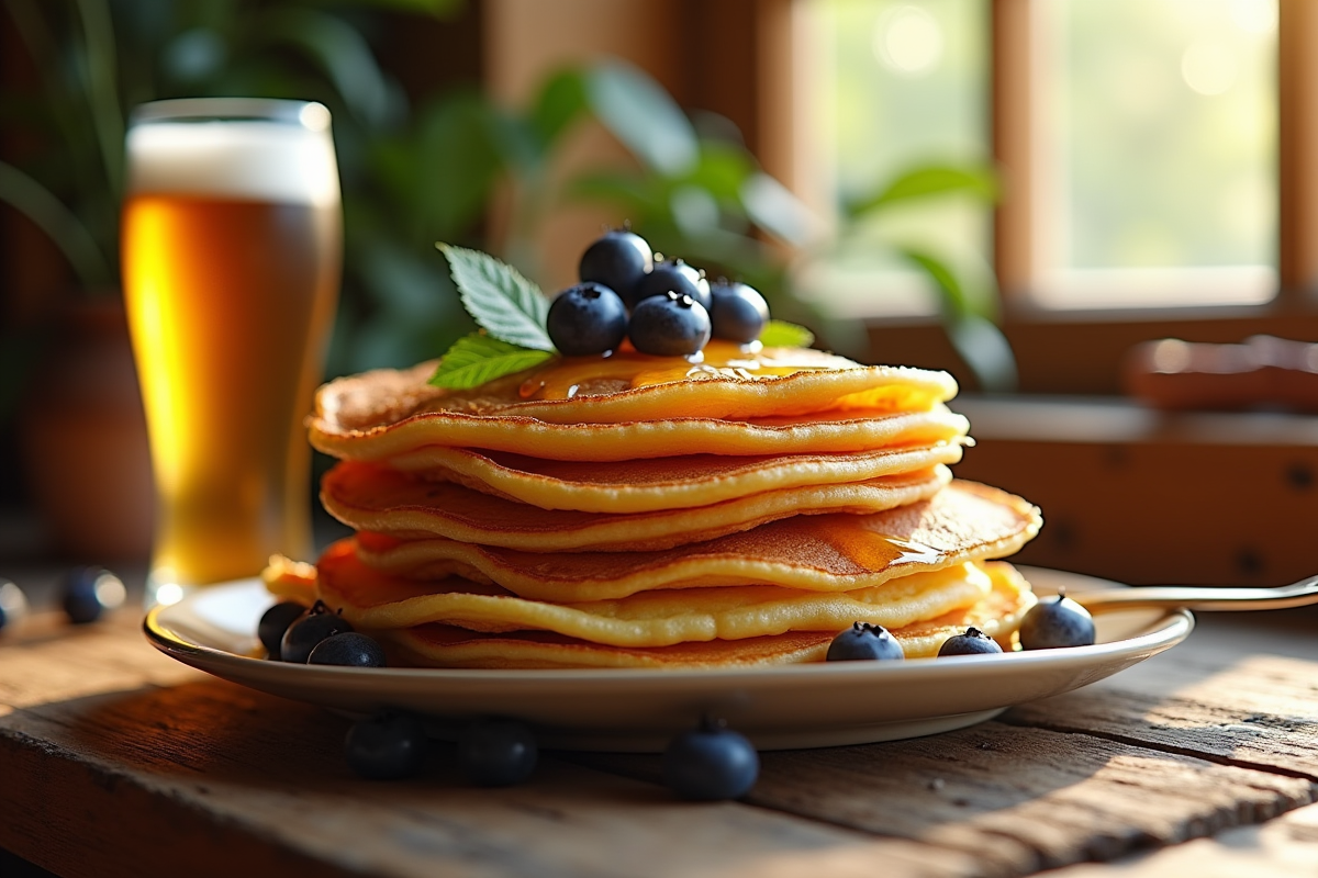 Pile de crêpes dorées avec bière artisanale et miel