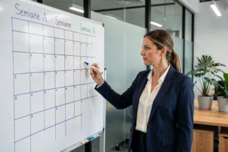 Femme cadre en entreprise présentant un planning de semaines paires et impaires sur un tableau blanc dans un bureau moderne