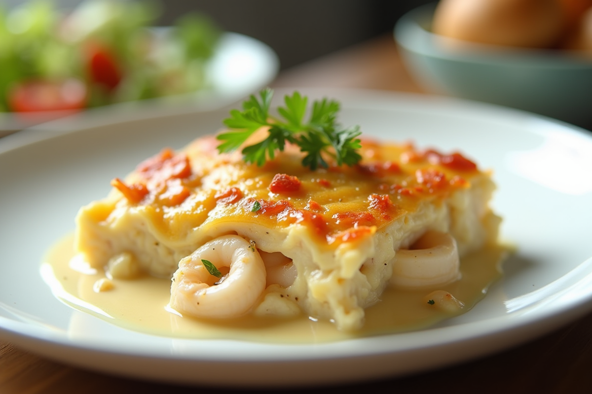 Part de gratin de fruits de mer avec salade et garniture