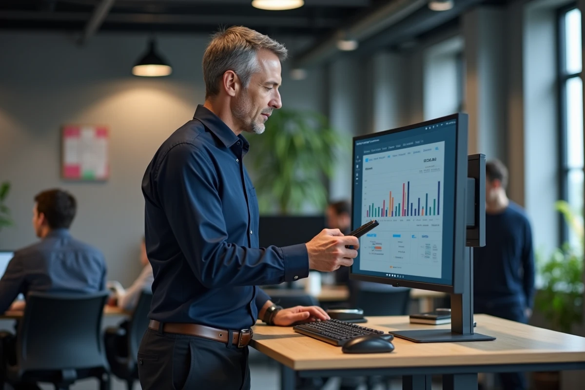 Professionnel consultant un tableau de bord numérique dans un bureau en flex office, symbolisant le suivi des tendances du travail hybride et des mutations organisationnelles