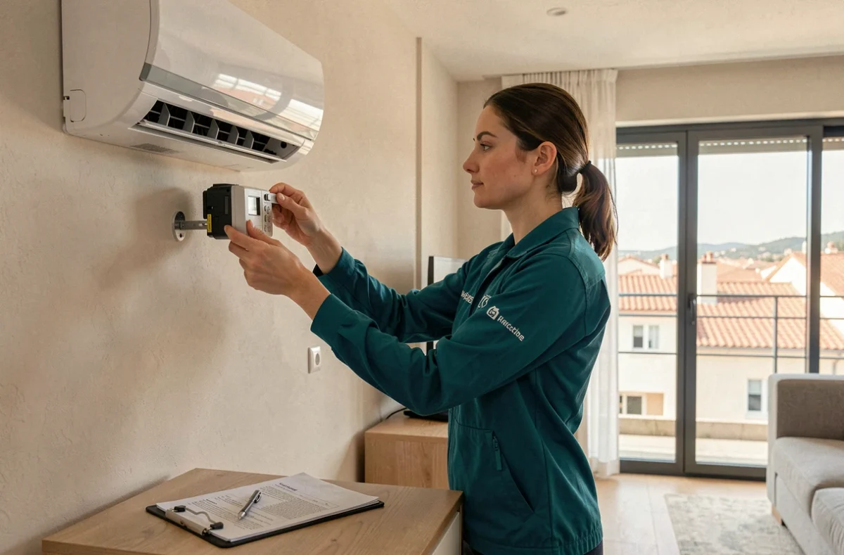 Technicienne en climatisation et chauffage réglant une unité murale dans un appartement à Valence