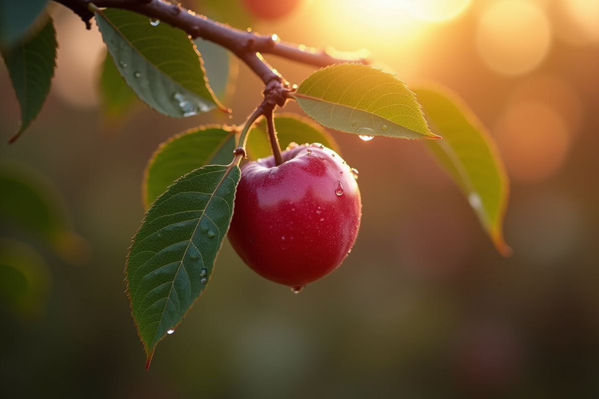 Quetsche mûre avec gouttes sur une branche au lever du soleil
