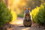 Quokka sur un chemin ensoleille entouré de buissons verts