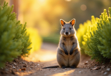 Quokka sur un chemin ensoleille entouré de buissons verts