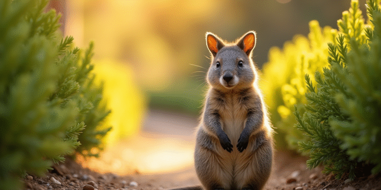 Quokka sur un chemin ensoleille entouré de buissons verts