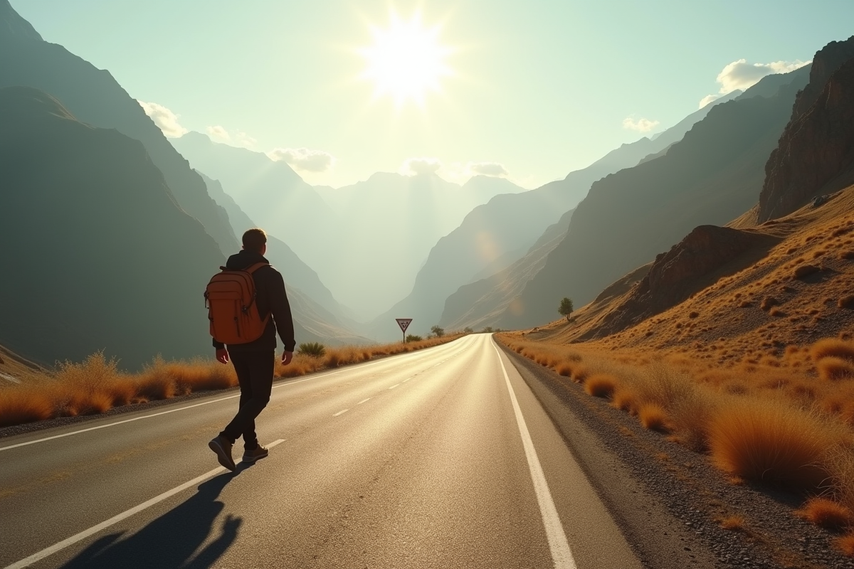 Randonneur avec sac à dos sur route de montagne ensoleillée