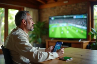 Homme regardant un match de football à la télévision en Guyane française en consultant l'heure sur son smartphone