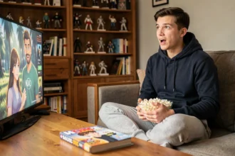 Jeune homme regardant One Piece sur grand écran dans son salon sans être spoilé