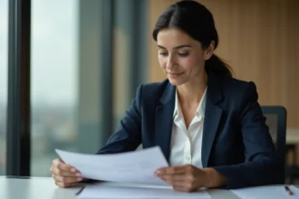 Femme professionnelle en blazer marine assise à un bureau moderne, illustrant le respect de la vie privée et la dignité personnelle