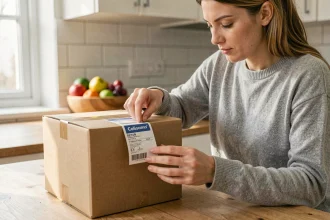 Femme collant une étiquette de retour Colissimo sur un colis à domicile