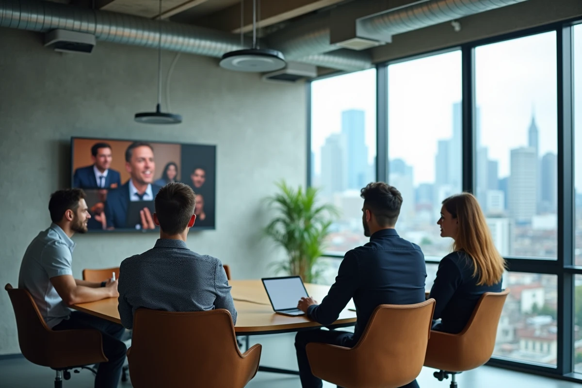Équipe en réunion hybride dans un espace de coworking moderne, combinant présentiel et visioconférence pour illustrer les nouvelles pratiques de travail flexible