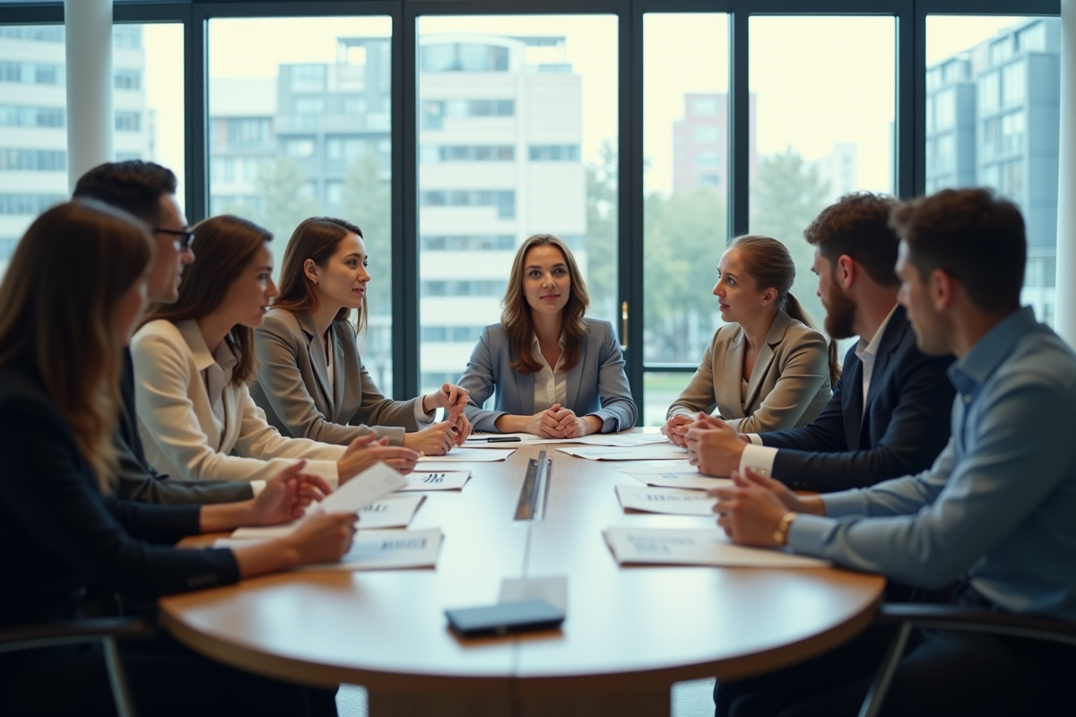 Réunion de professionnels discutant autour d une table avec documents N