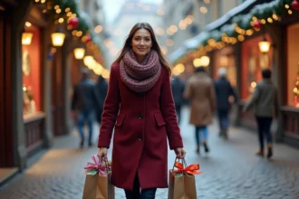 Femme faisant du shopping de Noël dans une rue commerçante animée un dimanche avant les fêtes