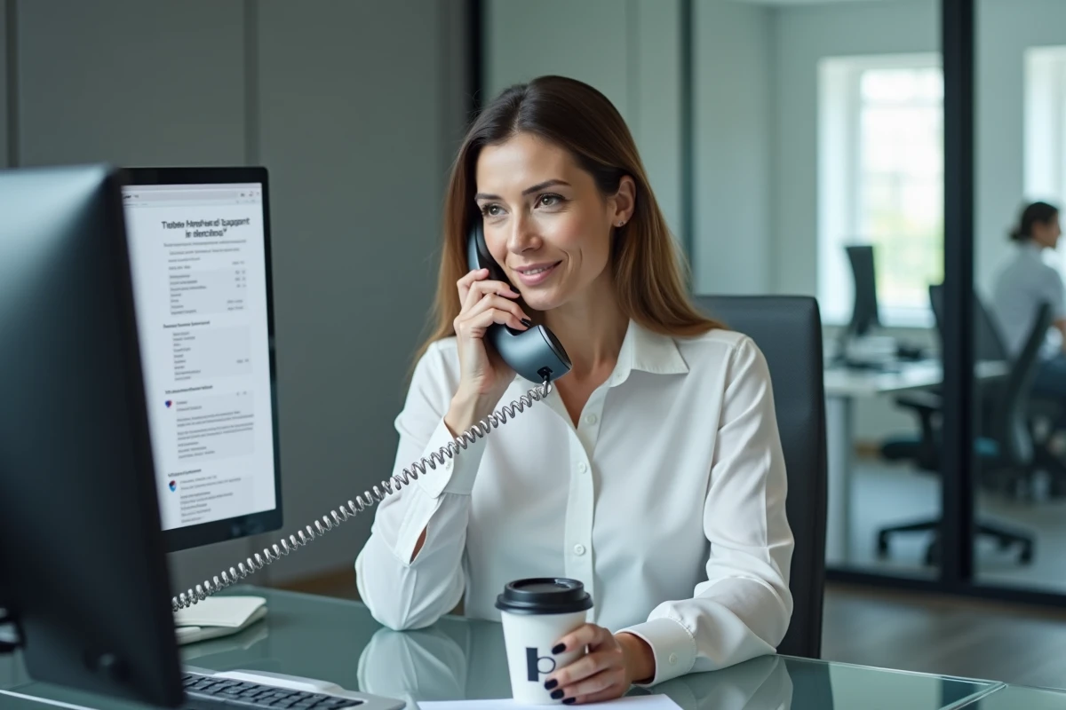 Femme signalant un litige au support Xikori par téléphone dans un environnement de bureau professionnel