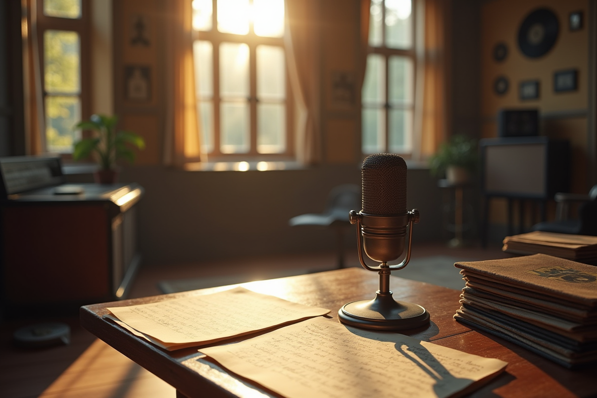 Studio d'enregistrement vintage avec micro et vinyles