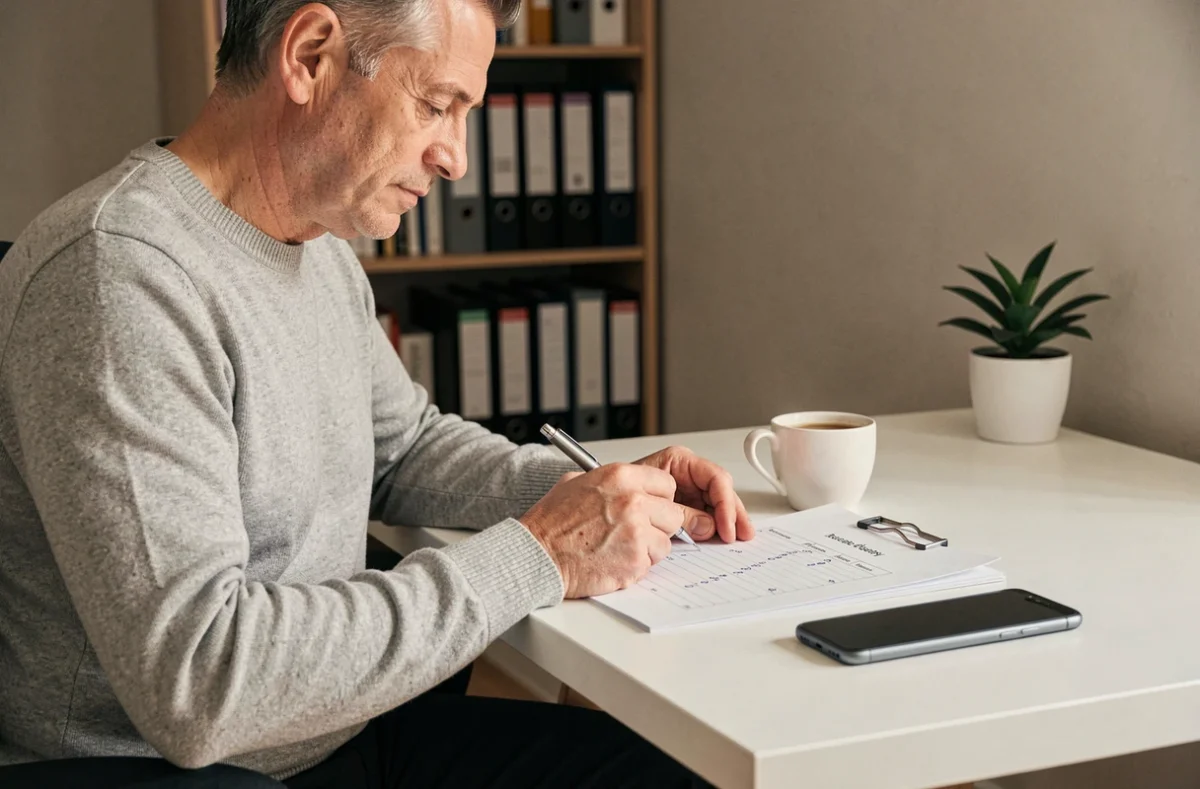 Homme en télétravail annotant un planning de semaines paires et impaires à son bureau à domicile pour optimiser ses horaires