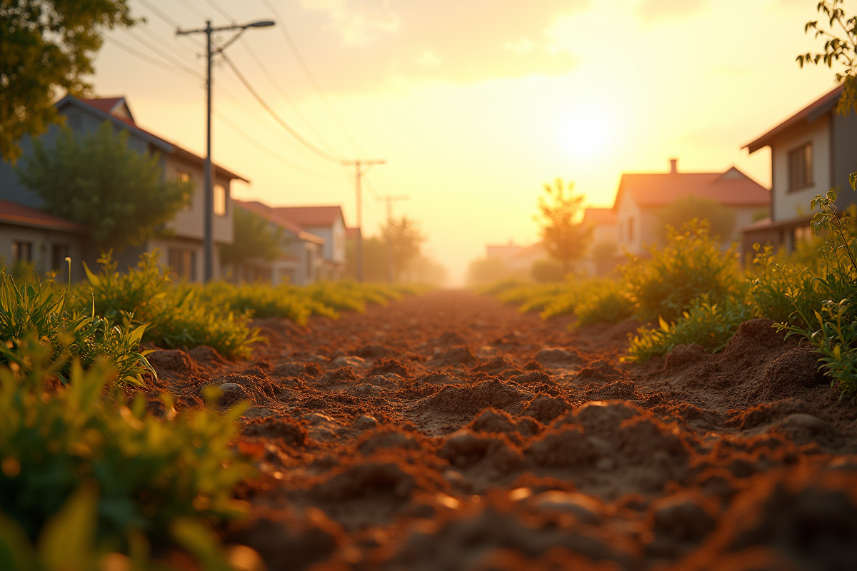 Terrain vide en Guichen au coucher du soleil avec maisons en arrière-plan